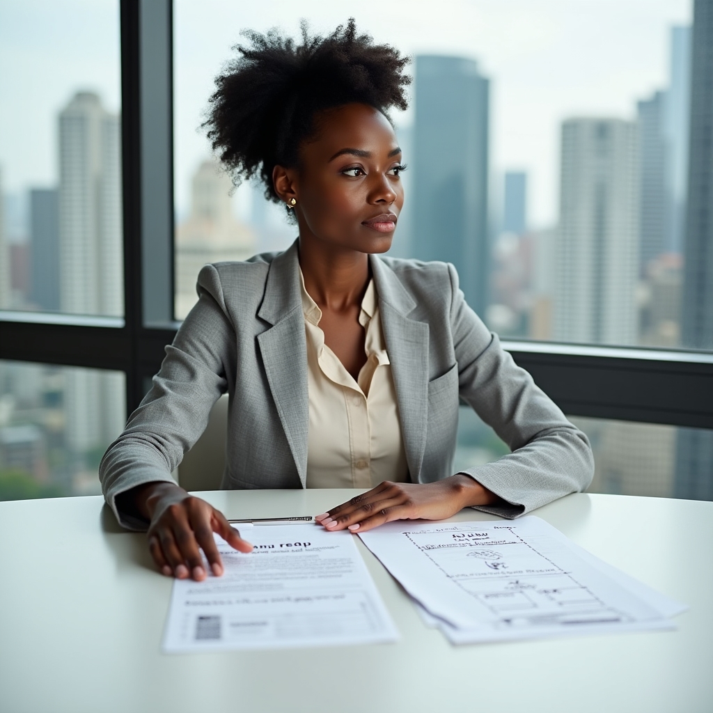 Professional at a crossroads, thoughtfully reviewing career options at a desk