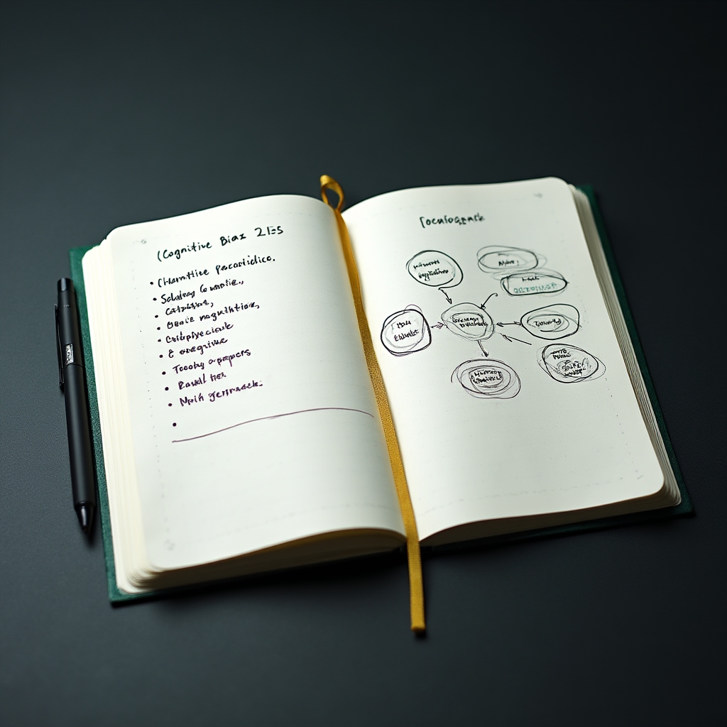 Close-up of a notebook with cognitive bias notes and structured thinking diagrams