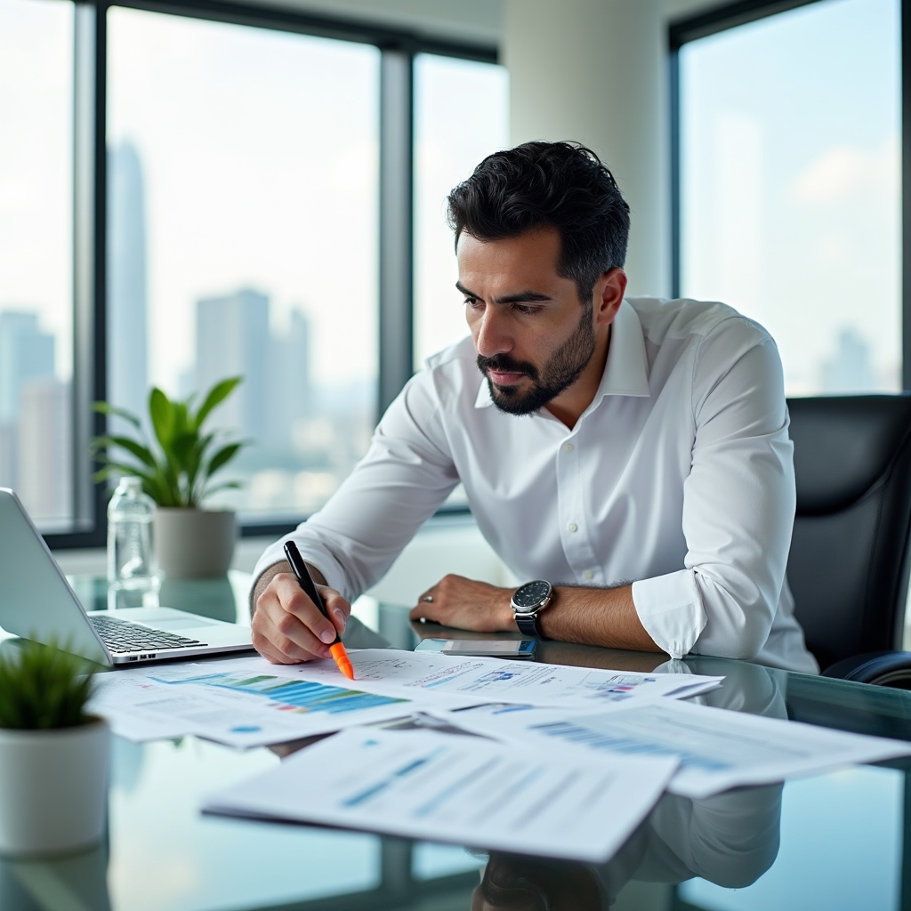 Person reviewing financial documents with calm focus in a well-lit office environment