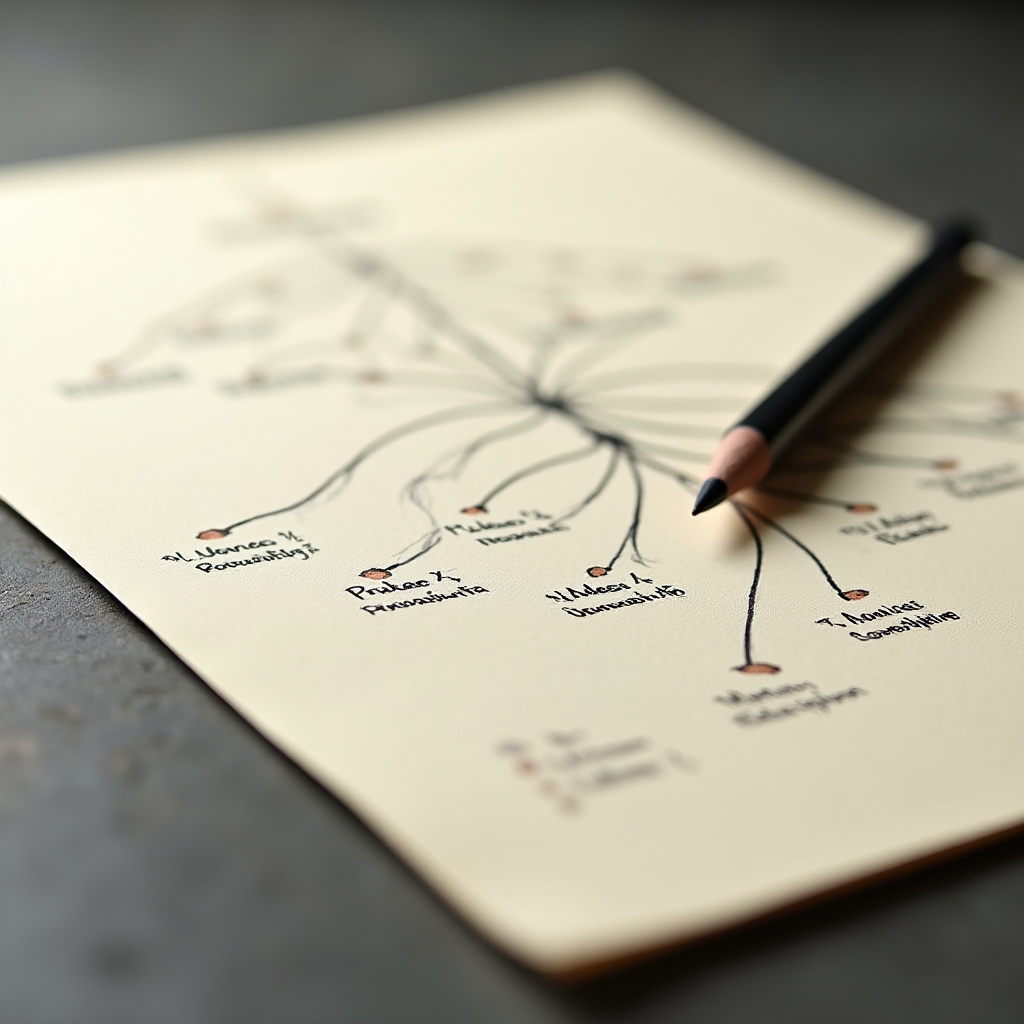 Abstract visualization of probability trees and decision branches on paper