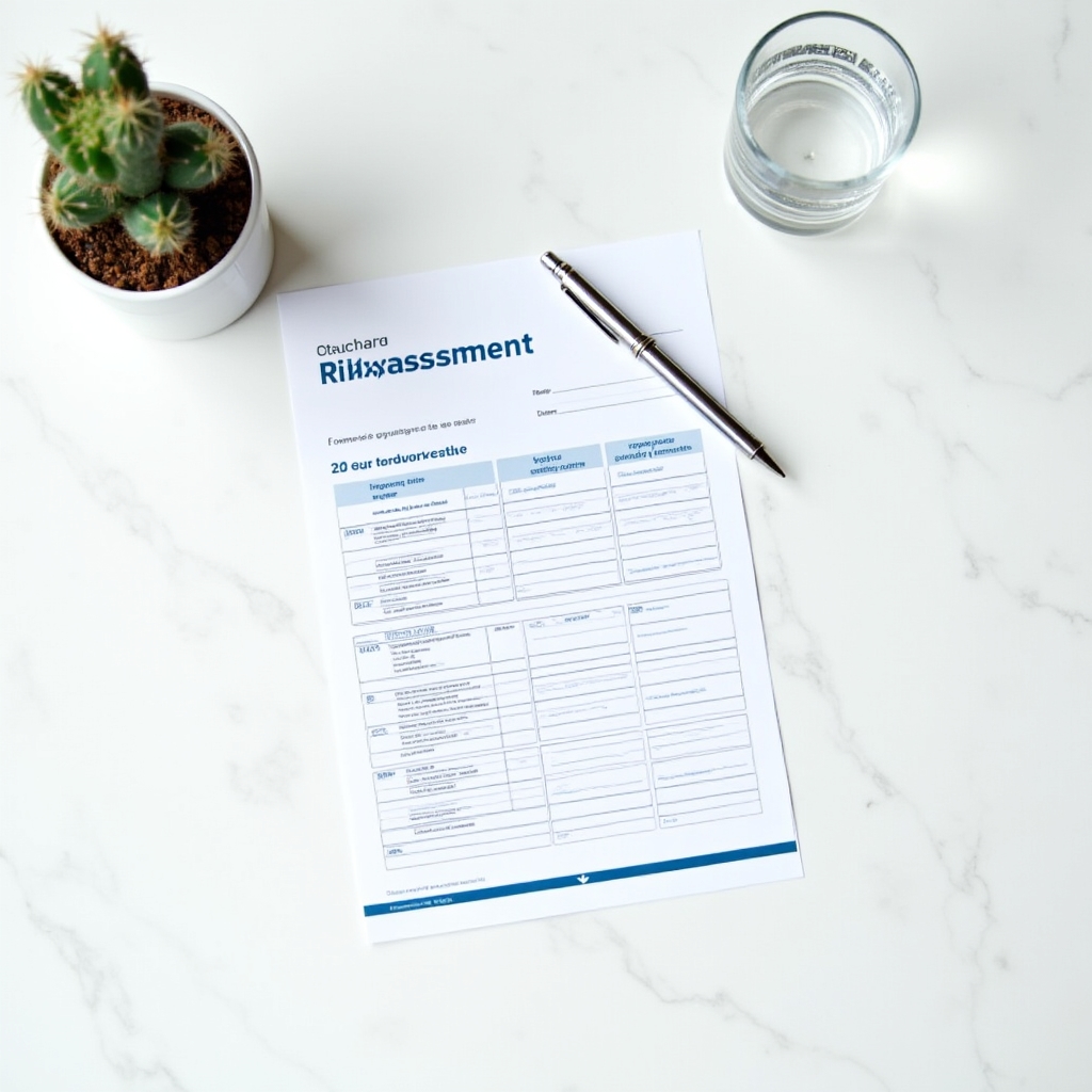 Organized desk with risk assessment worksheet and a calm professional reviewing options