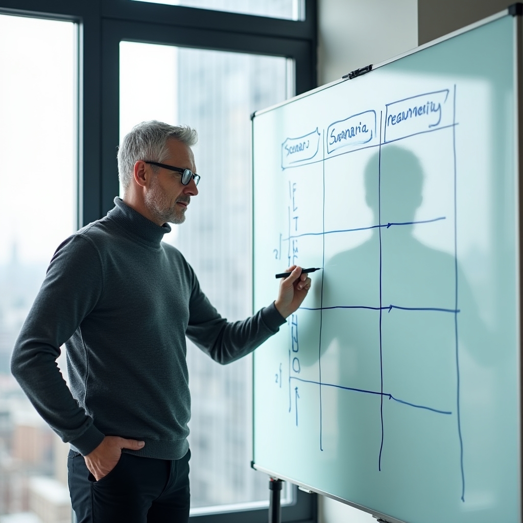 Person sketching scenario planning diagrams on a whiteboard in a bright office