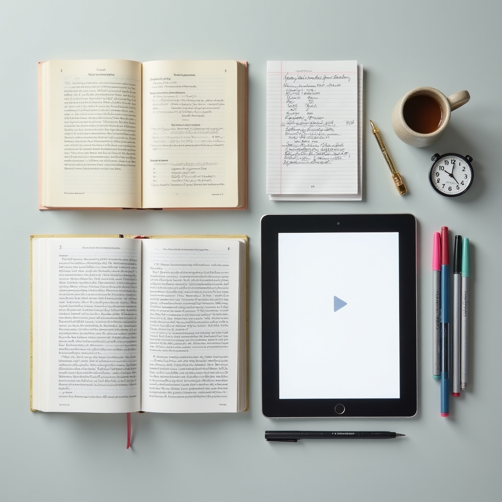 Structured learning materials laid out on a desk, showing a clear progression of concepts