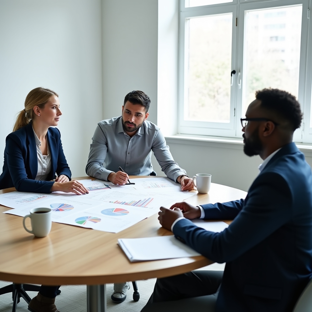 Small team gathered around a table in a bright room, engaged in calm strategic discussion