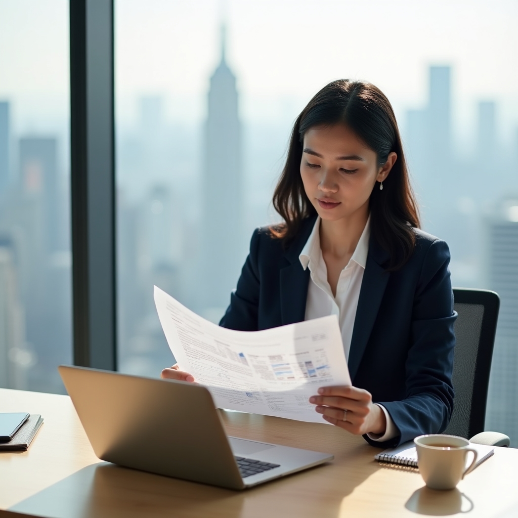 Person thoughtfully analyzing options at a clean, organized desk with natural light